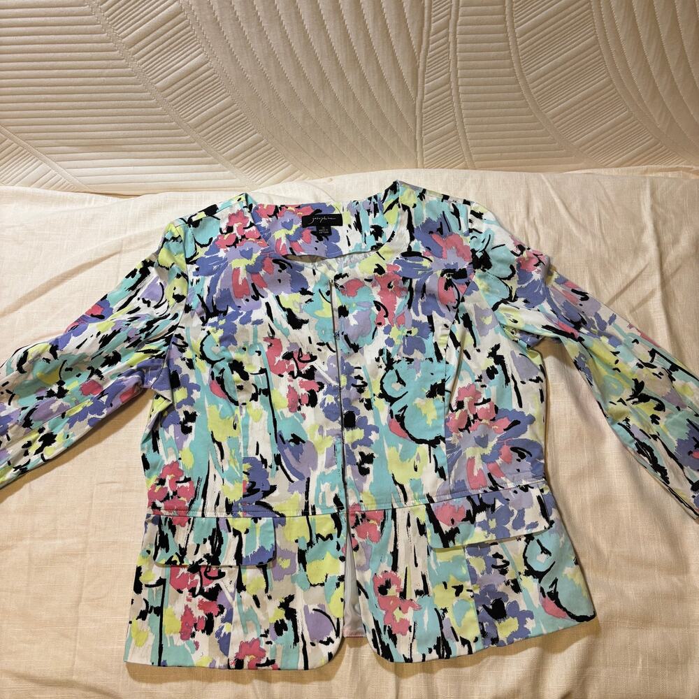 Joseph Ribkoff Blazer Size 10 Colorful Abstract Floral Collarless Jacket